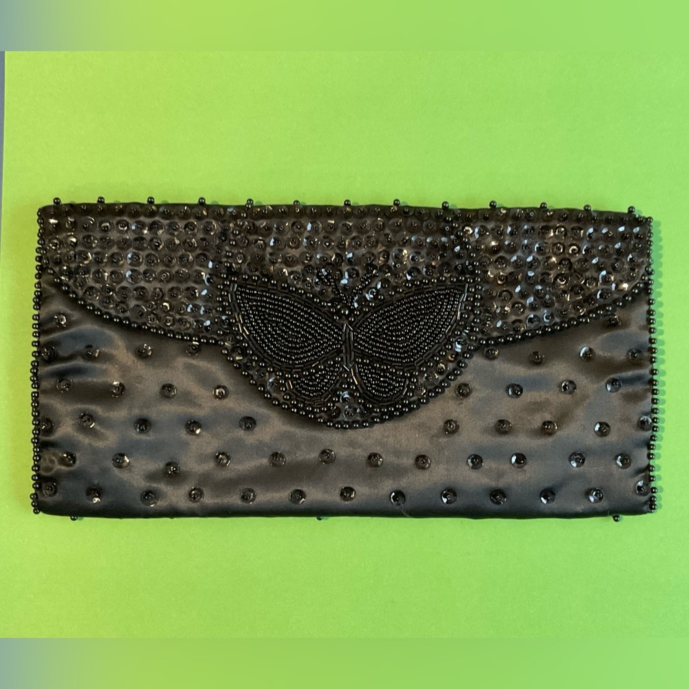 Bon Soir black beaded clutch purse, handmade in Japan with Italian beads. - EUC